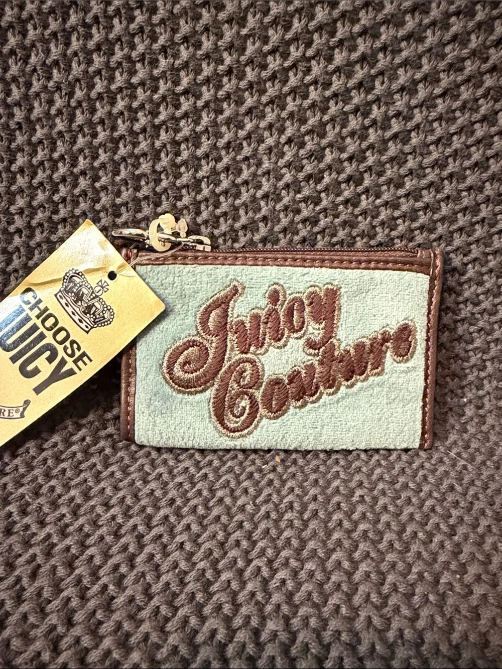 Juicy Couture Mint & Brown Embroidered Zip Card Case